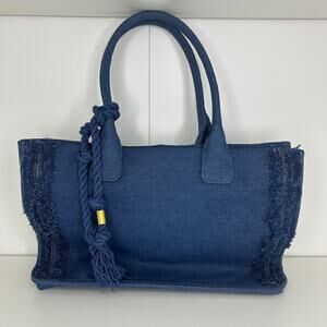 Vince Camuto Denim Tote Bag Frayed Trim Rope Tassel Large Shoulder Purse